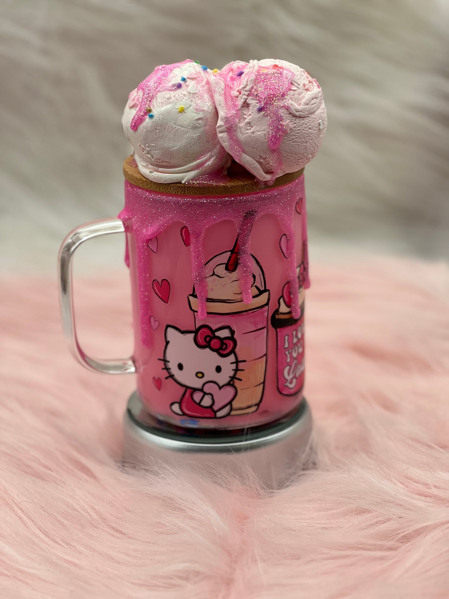 12oz Hello Kitty Glitter Drip Snow Globe Glass Mug