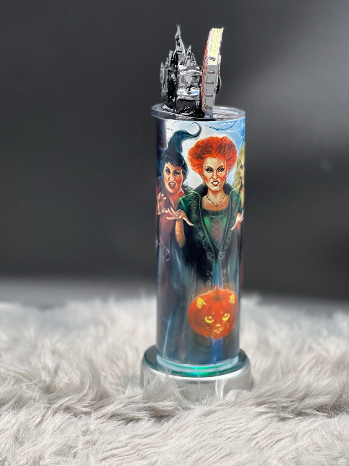 20oz Sanderson Sisters Stainless Steel Tumbler With Custom Lid. Includes Spell Book and Black Flame Attached to Lid Plus a Straw Charm.