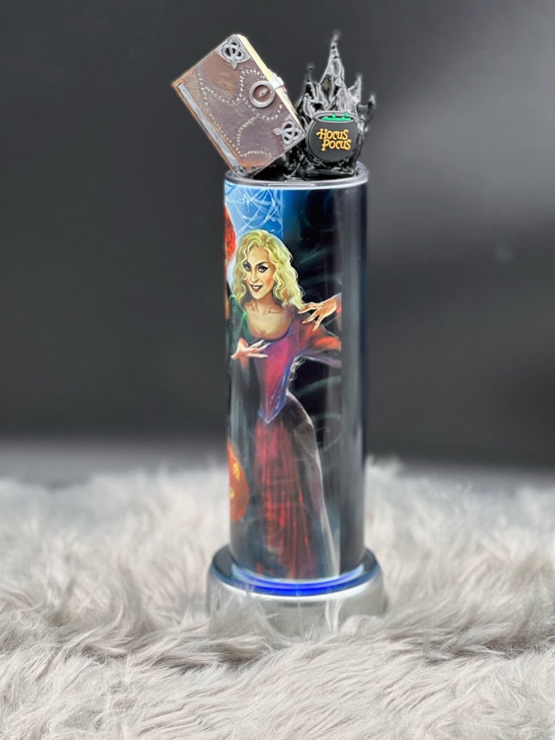 20oz Sanderson Sisters Stainless Steel Tumbler With Custom Lid. Includes Spell Book and Black Flame Attached to Lid Plus a Straw Charm.