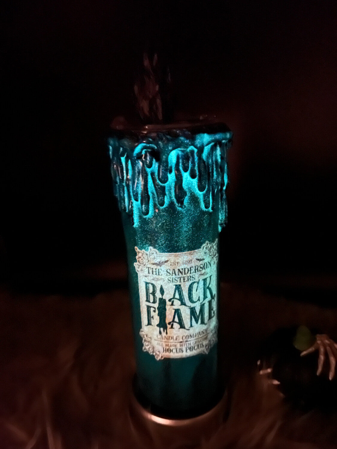 30oz Black flame stainless steel tumbler made with glow-in-the-dark mica powder