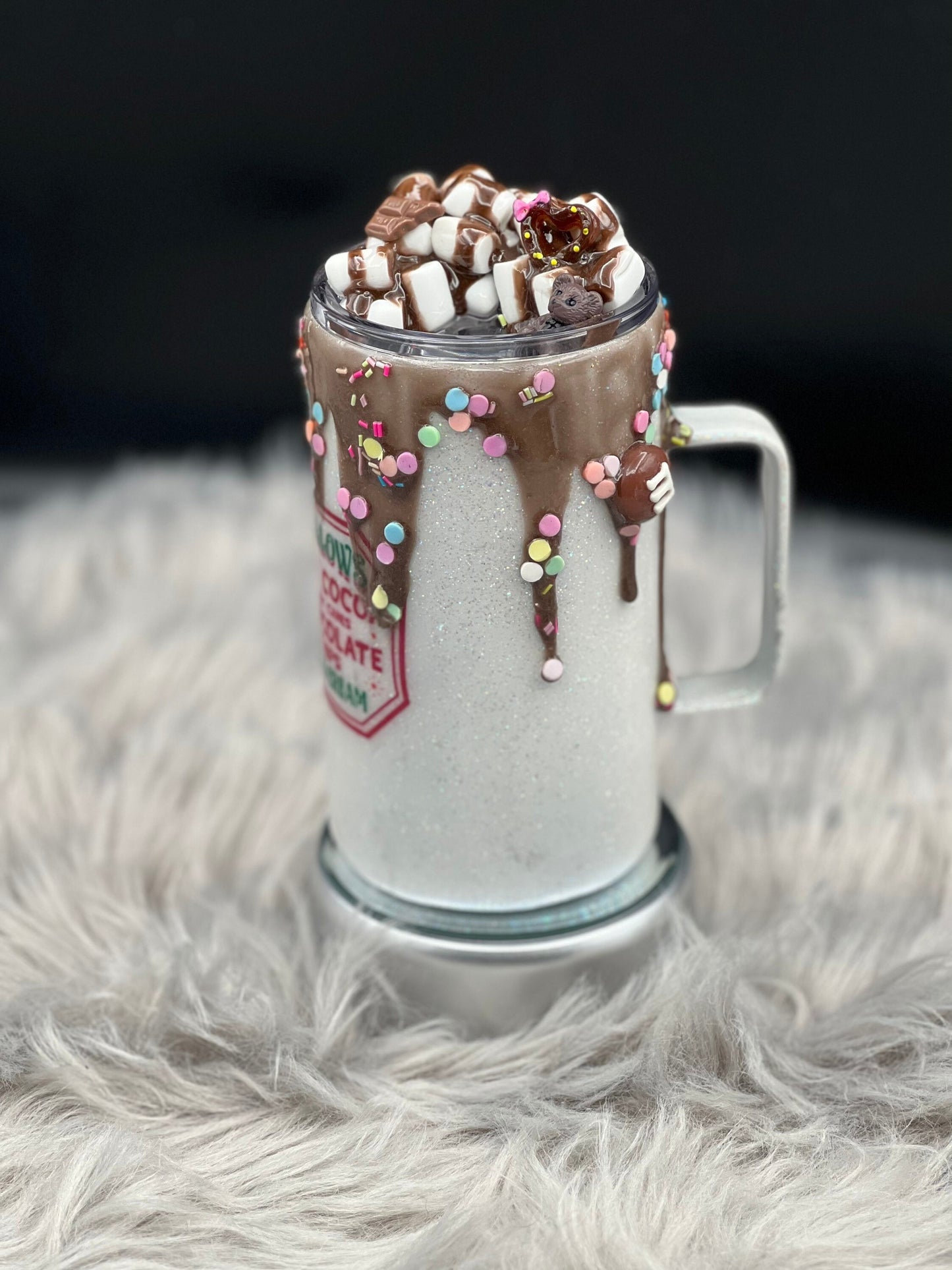 14oz Stainless Steel Coffee Mug: Hot Cocoa Delight with Faux Marshmallow Lid and Chocolate Drizzle