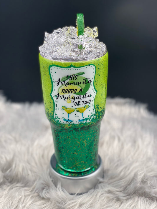 30oz Tumbler “This Mamacita Needs A Margarita” with custom lid made with faux ice cubes, salt, and lemon slice.